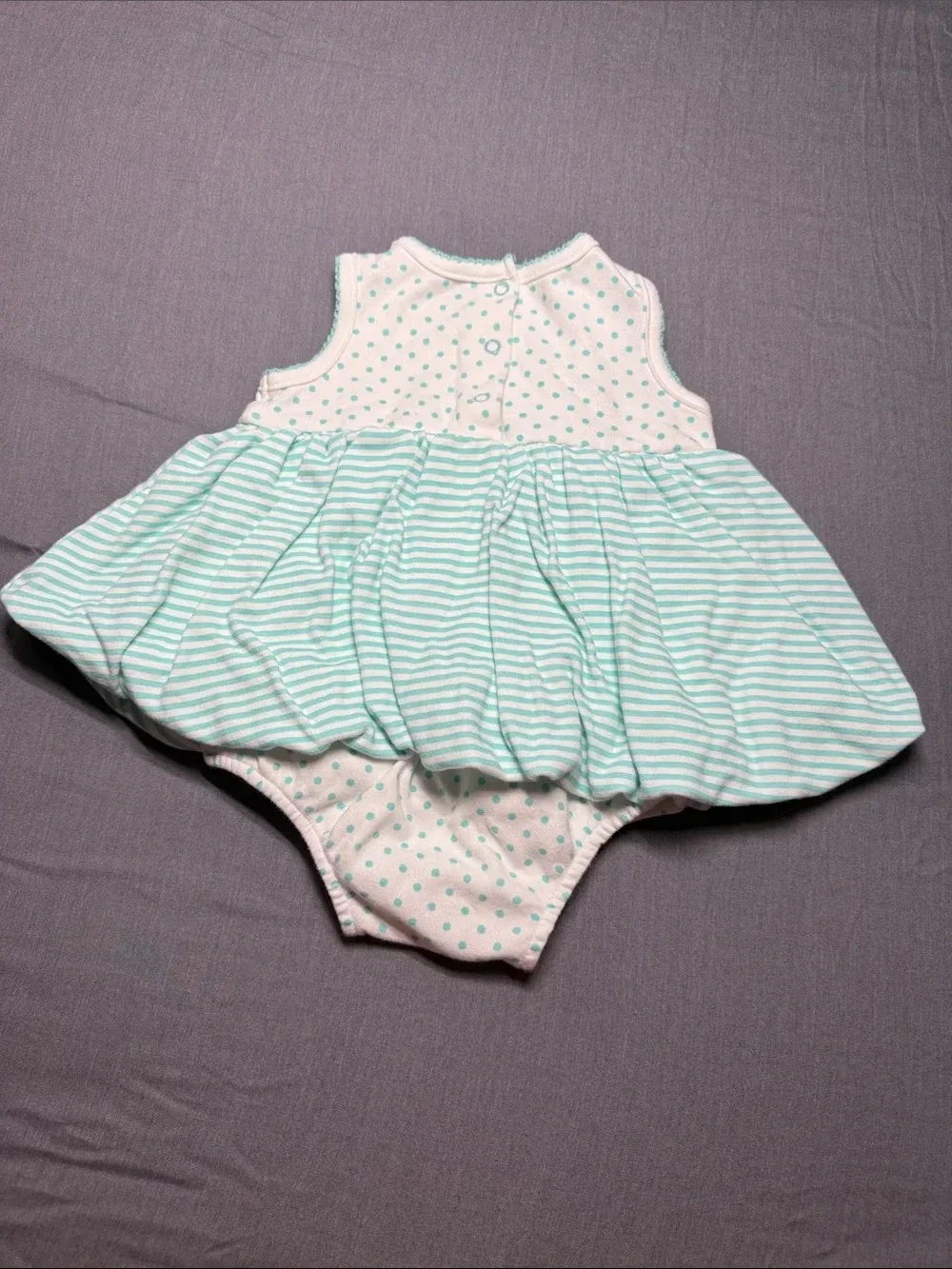Little Me Mint & White Striped Bubble Romper with Pink and Aqua Rosettes